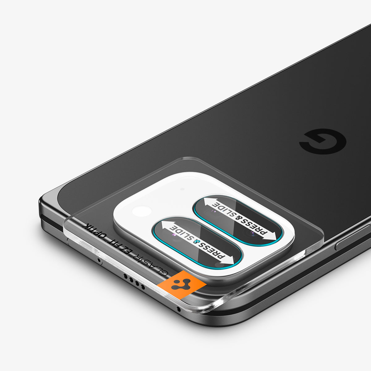 AGL09664 - Pixel 10 Pro Fold Optik EZ Fit Lens Protector showing the installation tray with lens attached to the device