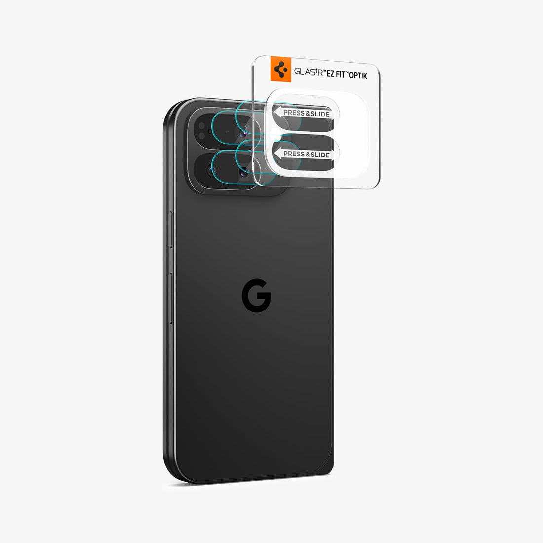 AGL09663 - Pixel 10 Pro XL Optik EZ Fit Lens Protector showing the installation tray hovering in front of the lens protector and the device, behind it, is the packaging