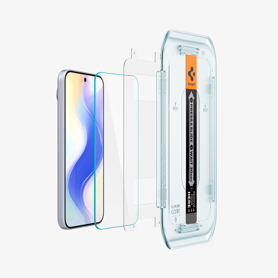 AGL08445 - GajPXL GLAS.tR EZ Fit Screen Protector showing the device, screen protector, ez fit tray