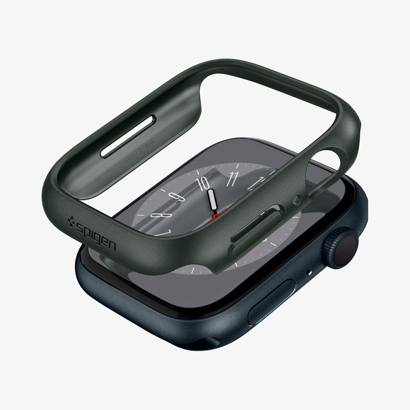 ACS04175 - Apple Watch Series (45mm) Case Thin Fit in military green showing the case hovering above the watch face
