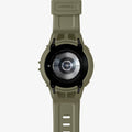 ACS05913 - Galaxy Watch 5 Pro (45mm) Case Rugged Armor Pro in vintage khaki showing the back with watch band laid out flat