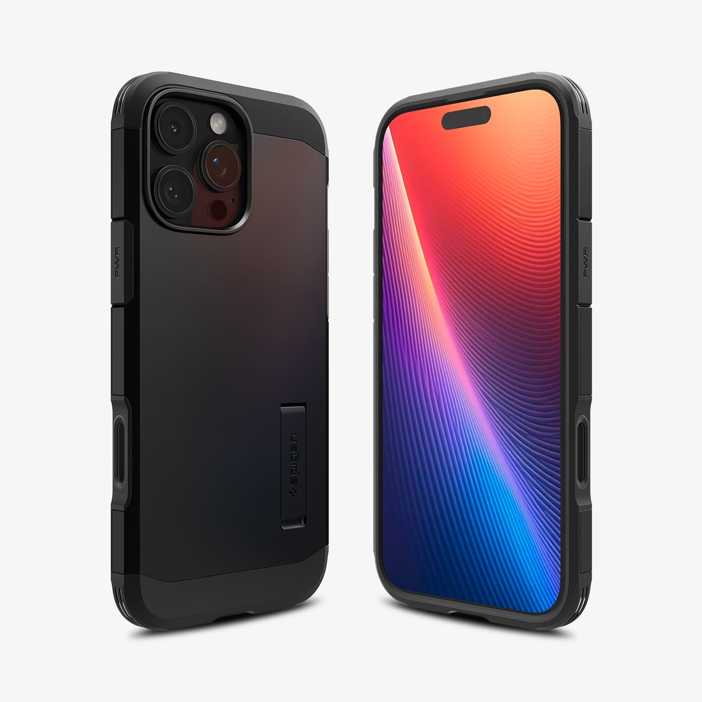 ACS08503 - iPhone 16 Pro Max Case Tough Armor T AI (MagFit) in Black showing the back, partial sides and front, inner and magnet ring plate hovering in front