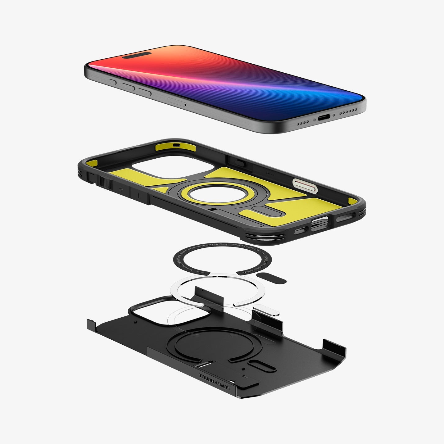 ACS08503 - iPhone 16 Pro Max Case Tough Armor T AI (MagFit) in Black showing the back, partial side and bottom with built-in kickstand propped up