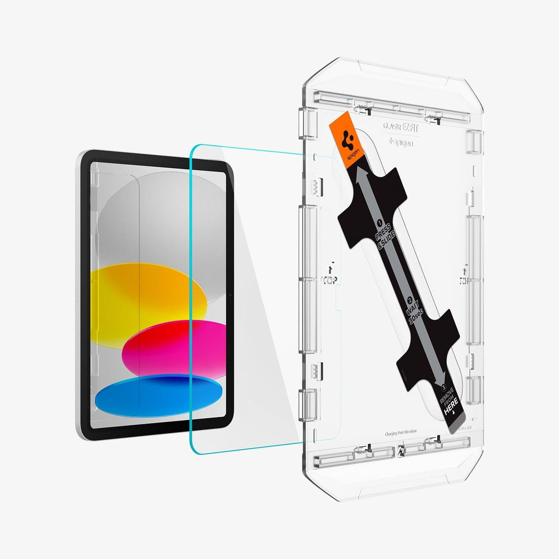 AGL05554 - iPad 10.9" Screen Protector EZ FIT GLAS.tR showing the device, screen protector, ez fit tray and packaging