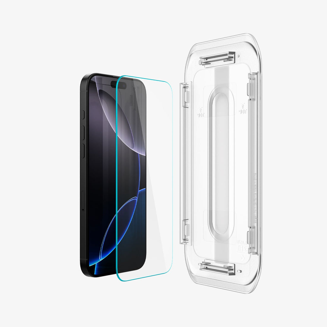 AGL07907 - iPhone 16 Pro Max GLAS.tR EZ Fit Sensor Protected showing the installation tray hovering above the 2 screen protector and the device, beside it is another installation tray