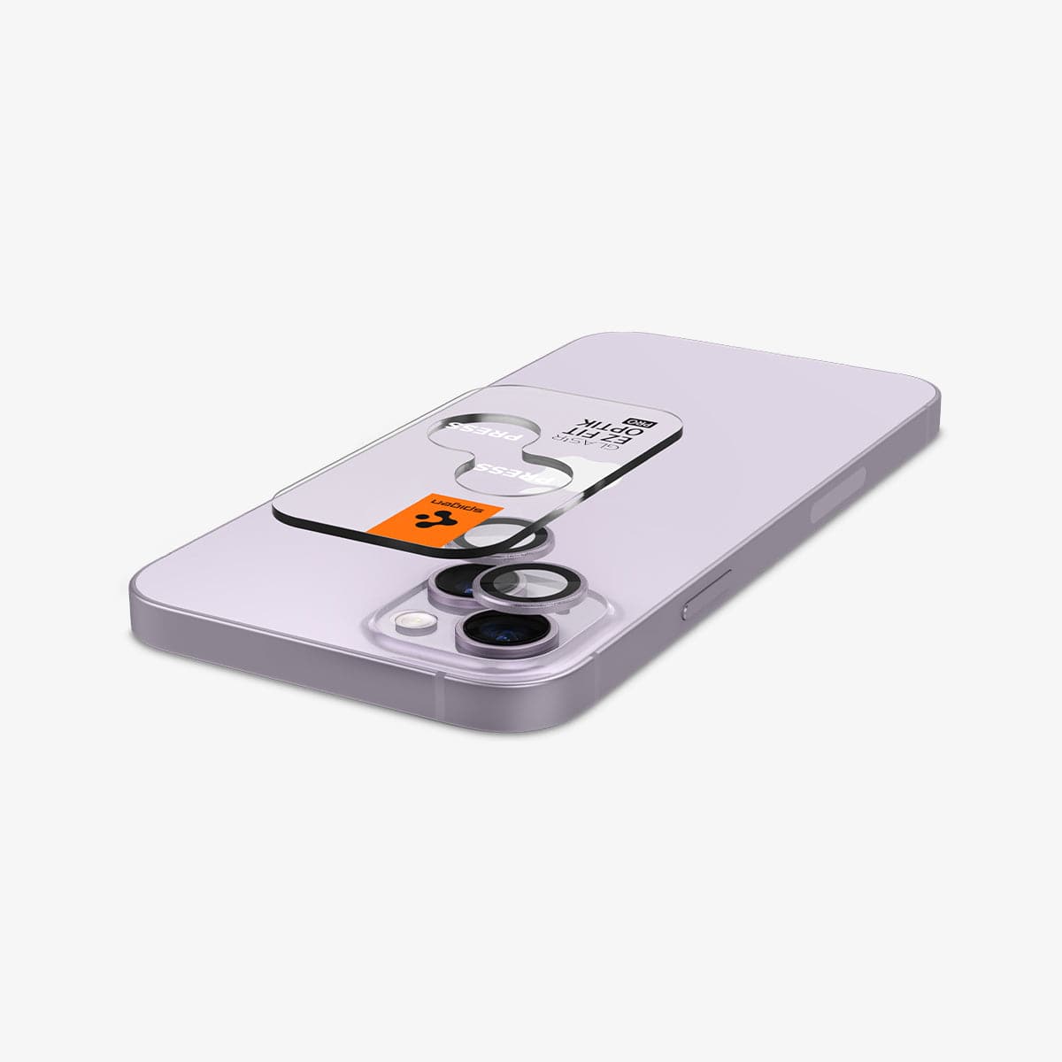 AGL05603 - iPhone 15 / 15 Plus Optik Pro Lens Protector in purple showing the back with device laying flat and lens protector and ez fit tray hovering slightly above camera lens