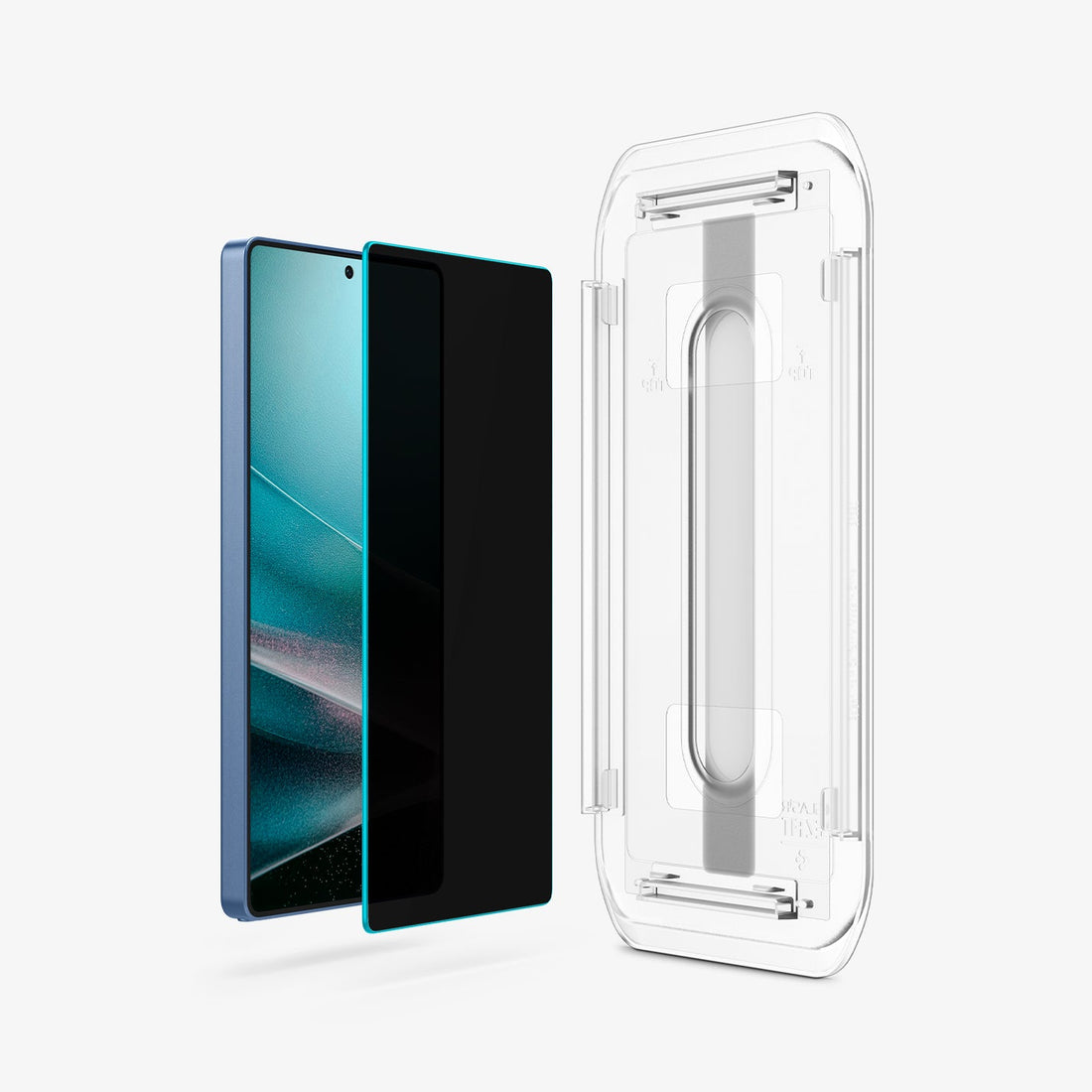 AGL09221 - Galaxy S25 Ultra GLAS.tR EZ Fit in Privacy showing the alignment tray partially hovering above the 2 screen protector and the device with another alignment tray on the side