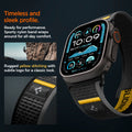 AMP09033 - Apple Watch 10 (46mm) Athlex Air in Active Black showing the timeless and sleek profile. Ready for performance Sporty nylon band wrap around for all-day comfort. Rugged yellow stitching with subtle logo for a classic look