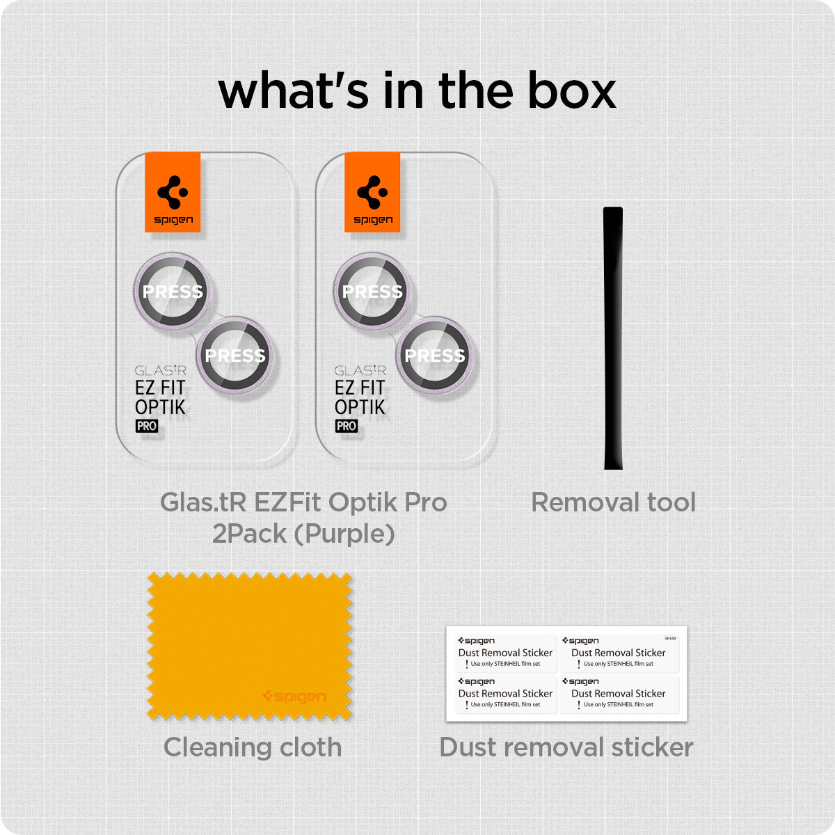 AGL05603 - iPhone 15 / 15 Plus Optik Pro Lens Protector in purple what's in the box. Glas.tR EZFit Optik Pro 2Pack (black), Removal tool, Cleaning tool, Dust removal sticker.