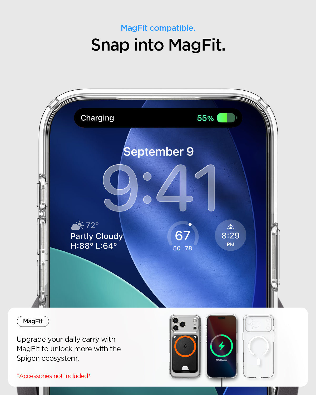 ACS10035 - iPhone 17 Pro Max Ultra Hybrid (MagFit) in Clear White showing magfit compatible. snap into magfit. upgrade your daily carry with magfit to unlock more with the spigen ecosystem.