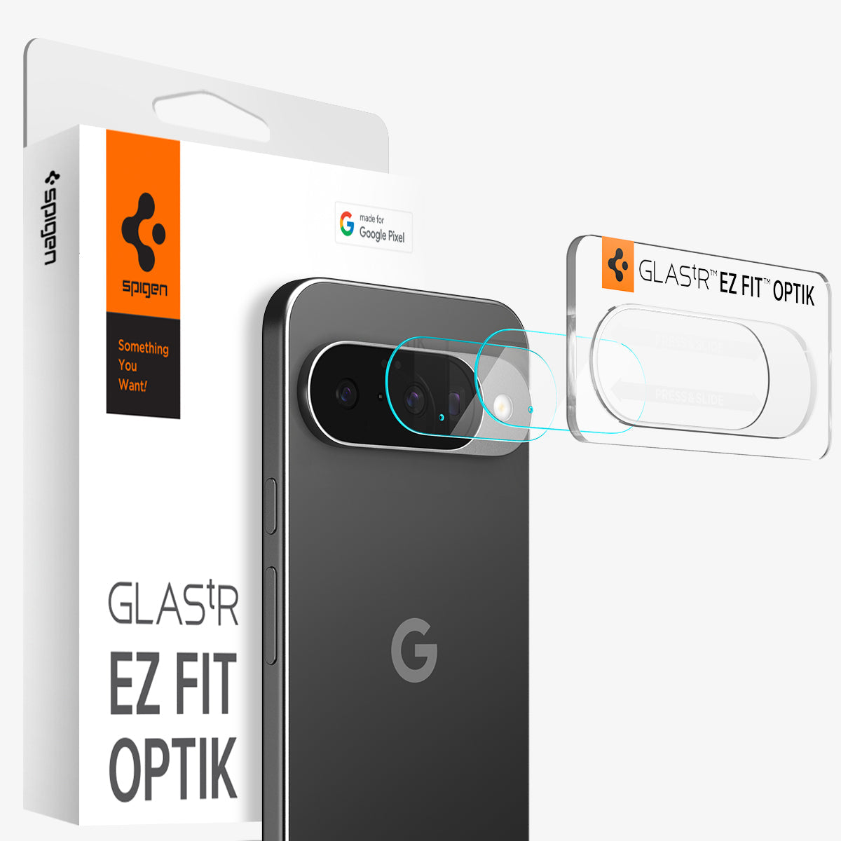 AGL09661 - Pixel 10 Optik EZ Fit Lens Protector showing the installation tray hovering in front of the lens protector and the device, behind it, is the packaging