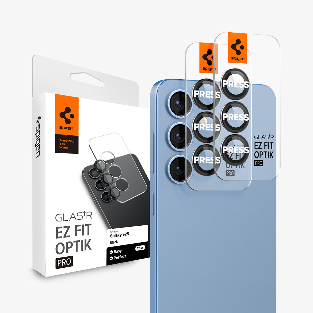 AGL09086 - Galaxy S25 Plus Optik Pro EZ Fit Lens Protector in Black showing 2 lens protector hovering in front of the device with the packaging behind it