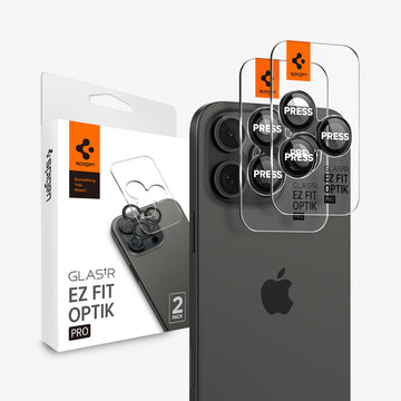 AGL05205 - iPhone 16 Pro / 16 Pro Max Optik Pro Lens Protector in black showing the device, two lens protectors and packaging