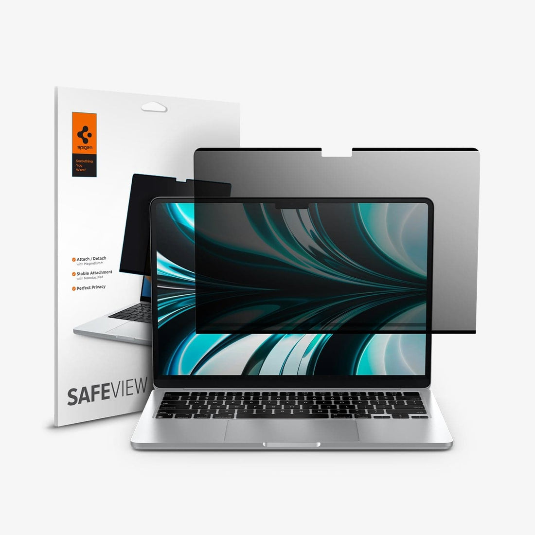 AFL06253 - MacBook Air Safe View in Privacy showing the front of a screen protector hovering in front of device and beside it is a packaging